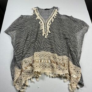 Laura Jane Poncho Sweater Black Ivory Fringe Crochet Boho Open Knit Oversized OS